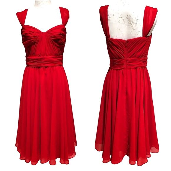 Vera Wang Red Chiffon Sweetheart Neckline Fit & Flare Ruched Cocktail Dress, S - Picture 3 of 9